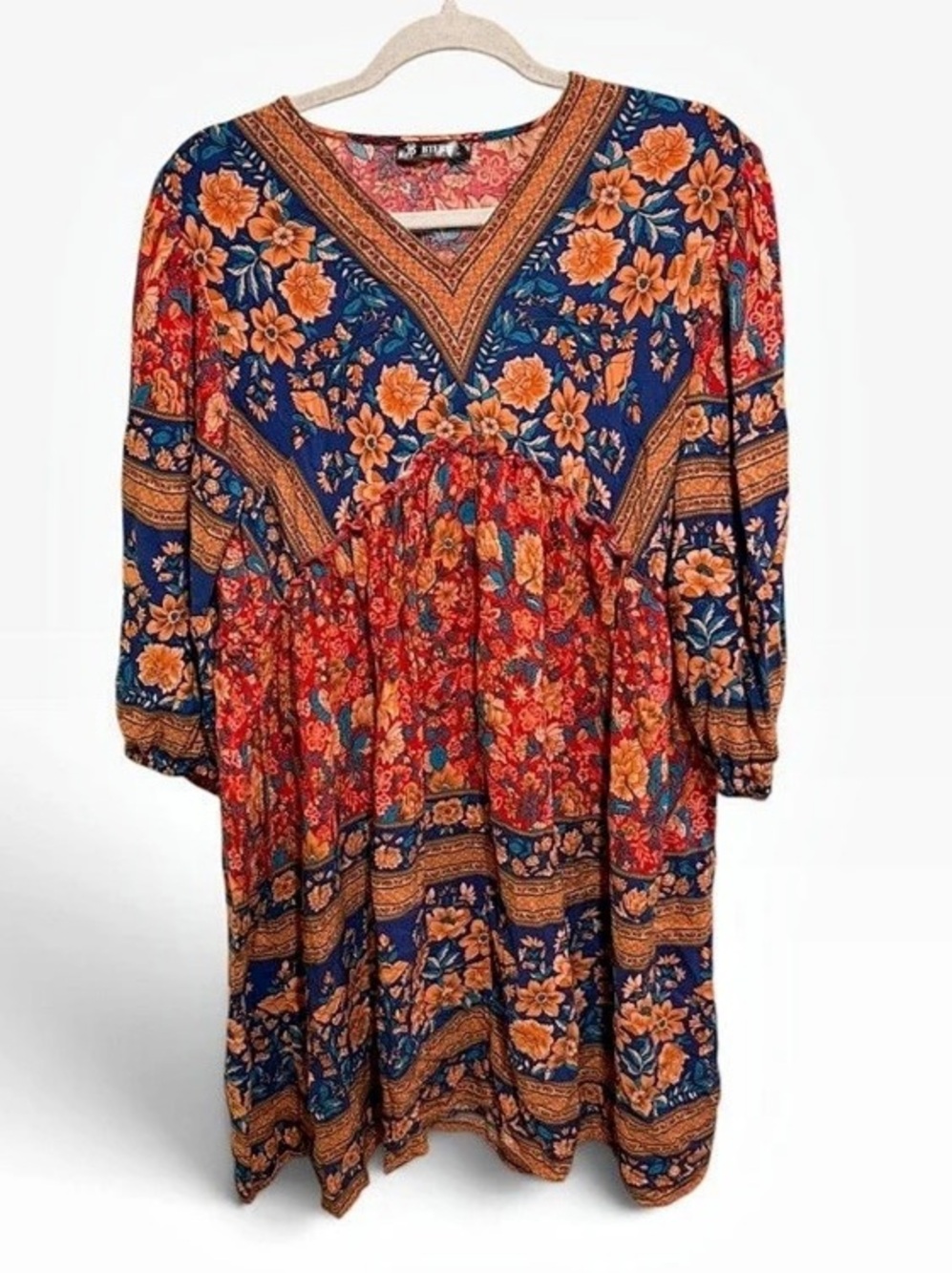 BTFBM Women Bohemian Floral V-Neck Bell Sleeve Dress Bohemian Floral V-Neck Bell